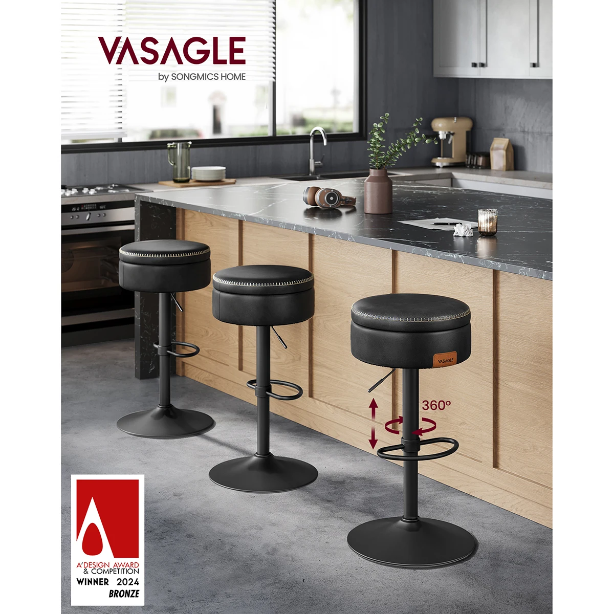 VASAGLE Tabouret de Bar Pivotant à 360° Noir d’Encre - Hauteur Réglable - Rangement