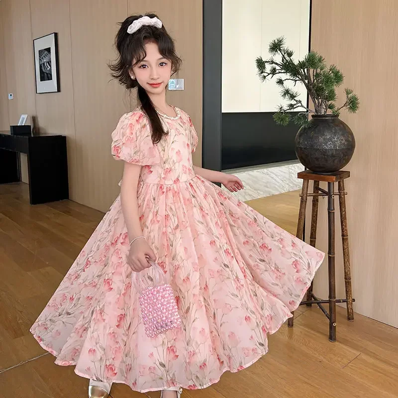 New Summer Girls Dress Floral Pattern Beach Long Dress for Girl Bohemia Children Princess Dresses Costume Teen 8 10 12 11 Year