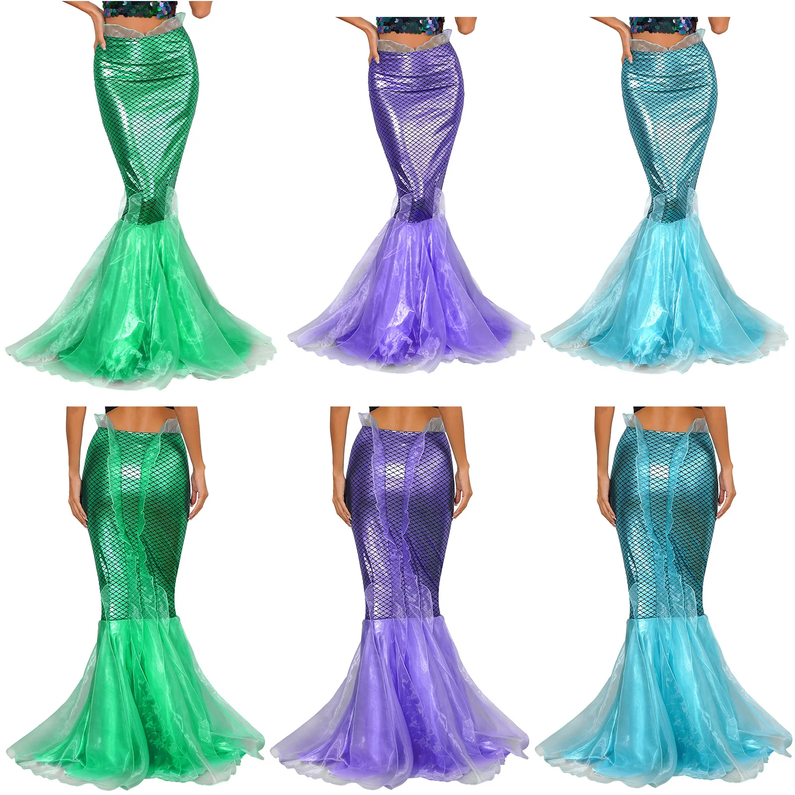 Halloween Costumes Women Mermaid Tail Dress Up Party Shiny Metallic Fishtail Long Maxi Skirts Mermaid Role Play Cosplay Gown