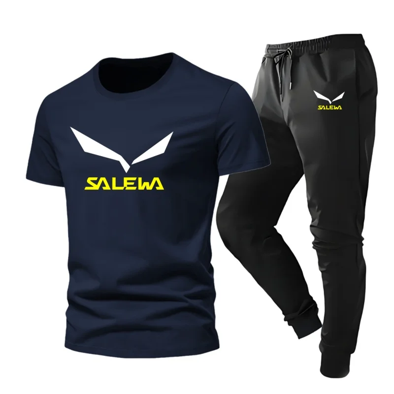 2025 Traje casual con estampado gráfico "SALEWA" de manga corta + pantalón para hombre, ideal para actividades al aire libre y ocio