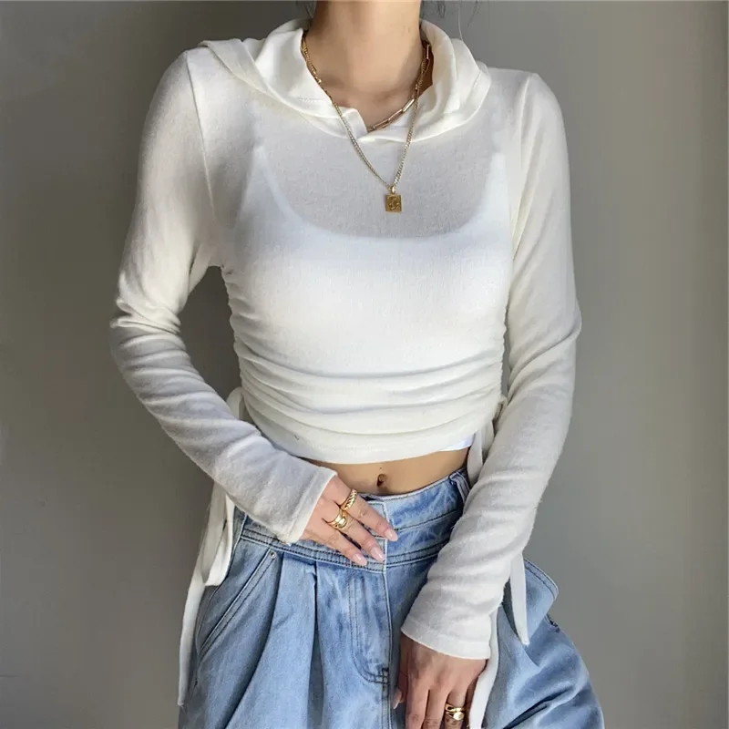 Sexy High-necked Long-sleeved Drawstring Women's Retro Hooded See-through Slim-fitting Drawstring Long-sleeved Top Street Tshirt