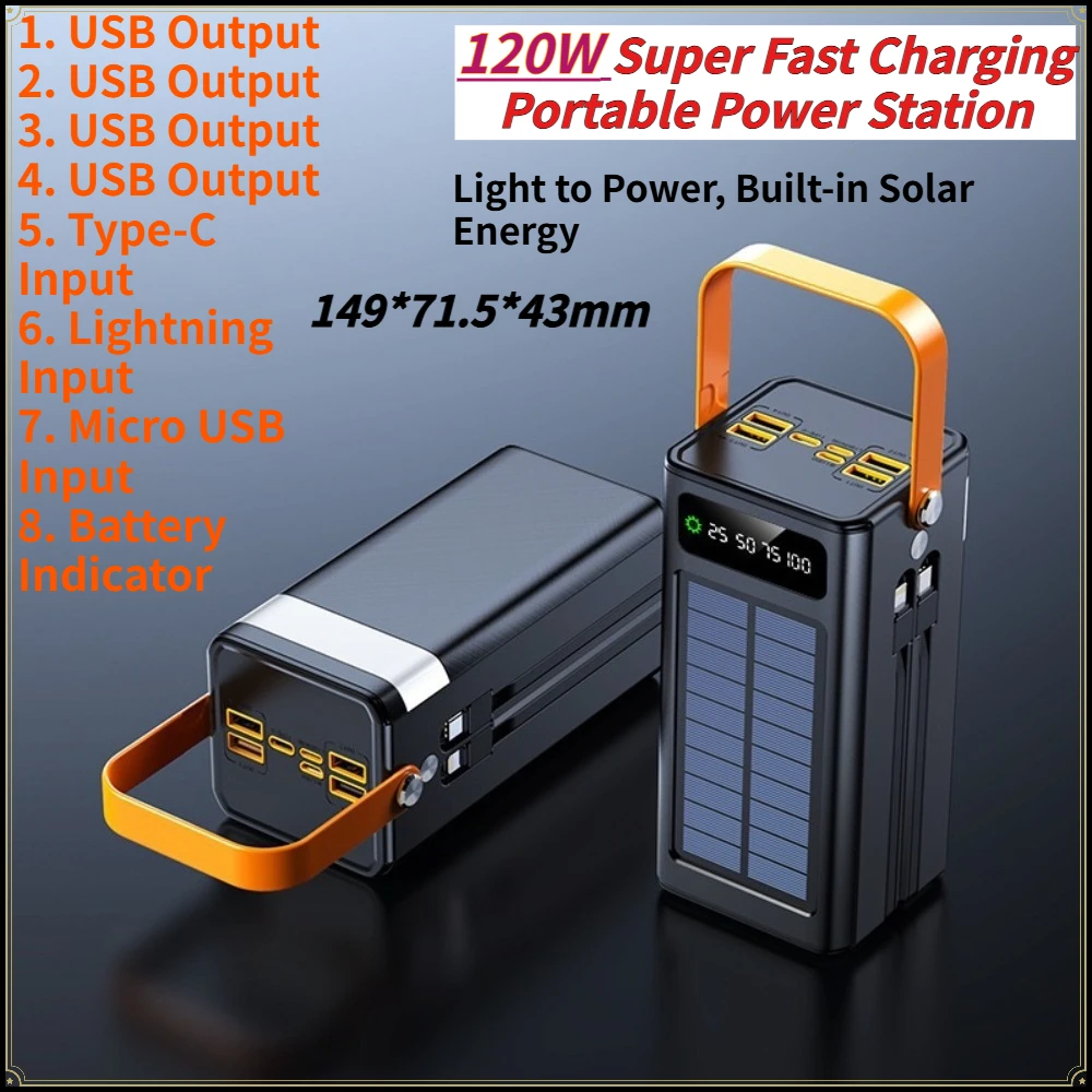 120W 50000mAh Bi-directional Solar Power Bank Dual Built-in Cables Super Fast Charger for iPhone Samsung Xiaomi HUAWEI Oppo Vivo - view 5