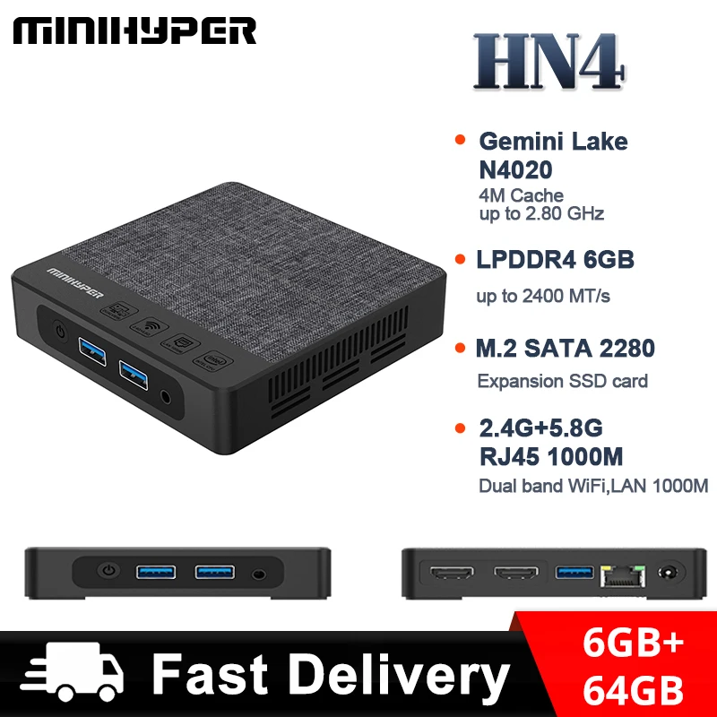 MiniHyper HN4 Mini PC Intel Gemini Lake N4020C CPU 6GB LPDDR4 64GB EMMC USB3.0 HDMI Audio Jack HP & MIC 3.5mm RJ45 1000M