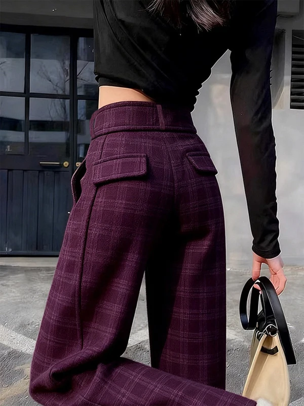 

Брюки с высокой талией в клетку, широкие, корейский стиль, на флисовой подкладке, утепленные, струящиеся, длинные, весенняя новинка, женская мода