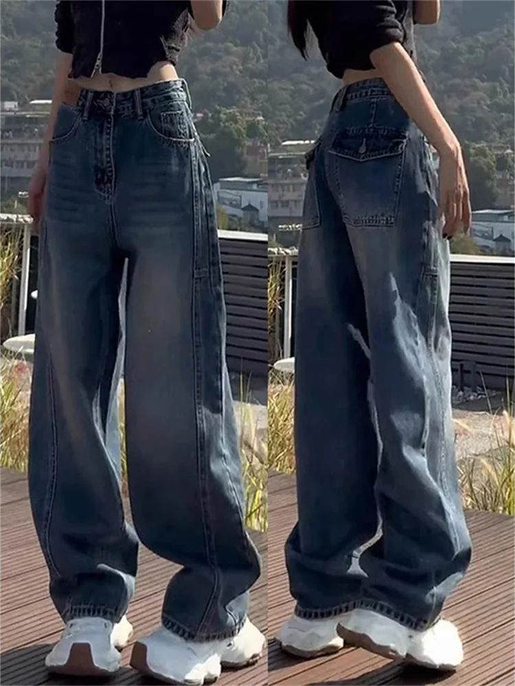 

Большие размеры, европейские широкие джинсы, женские осенние тонкие брюки прямого кроя, свободные брюки для папы, джинсовые брюки с высокой талией