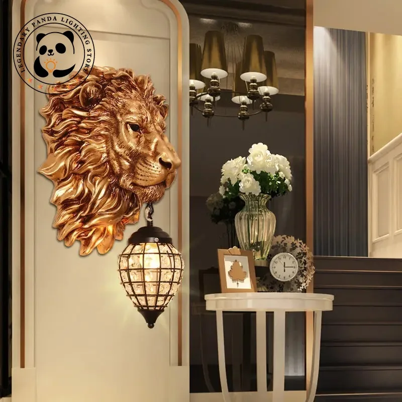 American Retro Creative Lion Head Wall Lamp Luxury Home Decor Resin Led Sconces Light Living Room Restaurant Hallway Bar Counter