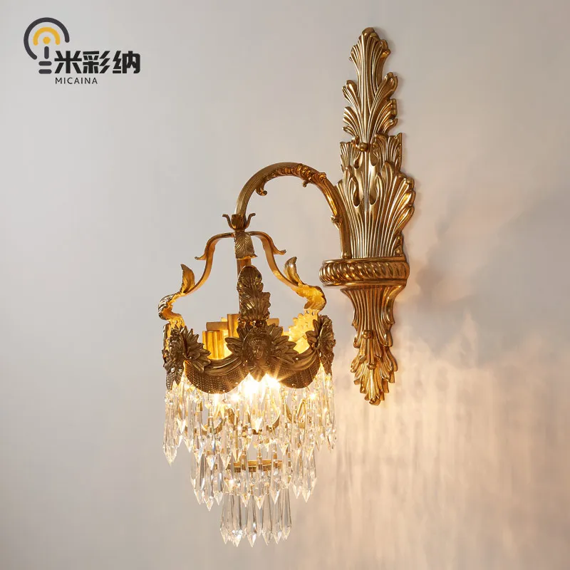 

French crystal copper wall lamp European retro luxury villa living room bedroom copper lamp