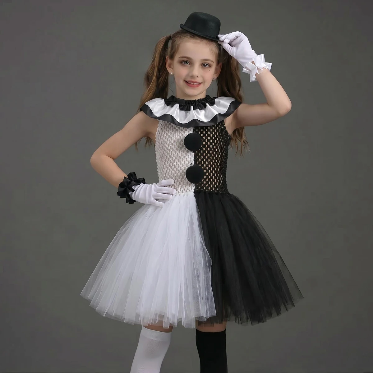Black White Girls Killer Clown Costume Kids Terrifying Clown Tulle Tutu Dress Children Fancy Dress Up Halloween Cosplay Outfit