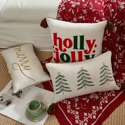 2PCS Merry Christmas Cushion Cover Letter Christmas Tree Embroidery Pillowcase Sofa Bedhead Waist Pillowcase Festival Decorative
