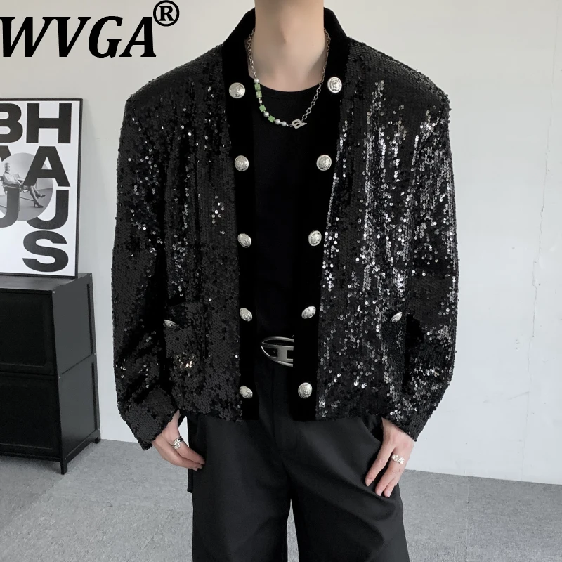 

WVGA Spring Autumn New Men Tide Dark Wear Collarless Short Cardigan Blazer Niche Chic Casual Sequin Trendy Suit Coats Ins W16191