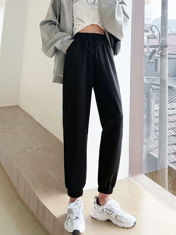 Pantaloni larghi alla caviglia con lacci a vita alta Pantaloni sportivi larghi alla moda in vita elastica Pantaloni da jogging dritti casual da donna