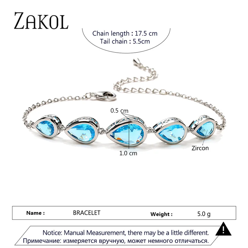 ZAKOL Romantic Pink Love Heart Zircon Bracelets for Women Fashion Geometry Crystal Light Blue Wedding Party Jewelry 2023 New