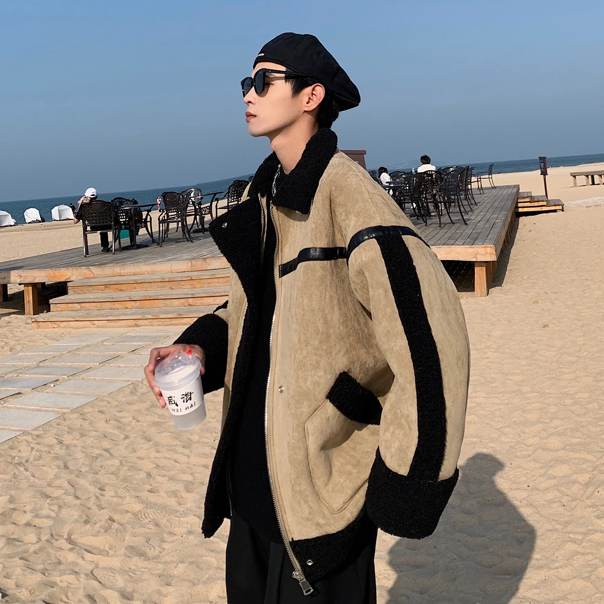 

Lamb Fur Lined Thiened Cotton Jaet Men's Winter Coat High Street Sle Korean Trendy Men's Clothing Leather Fur Inteated