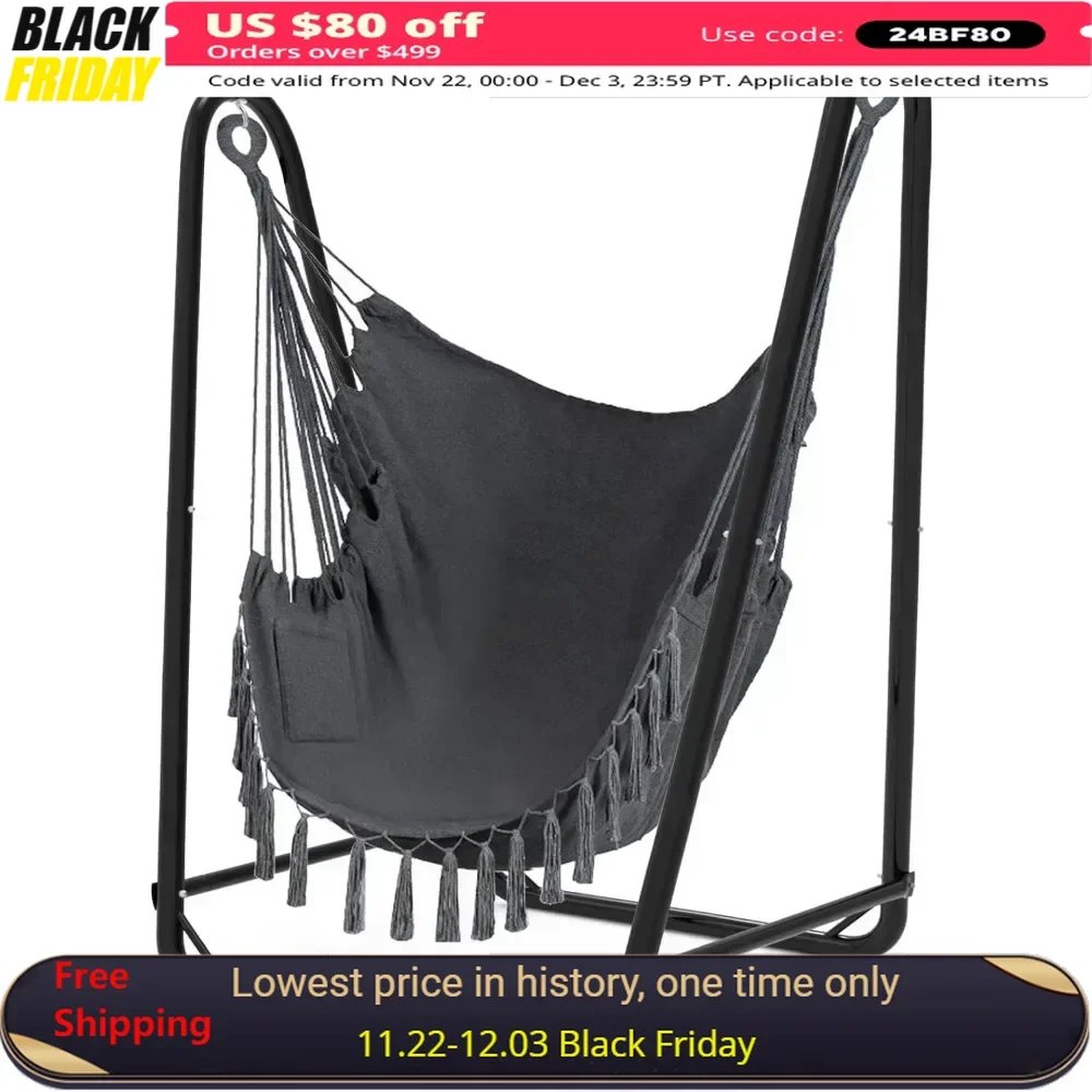 

Hammock, Unique U-Shaped Hammock Chair with Stand, Sturdy & Rust-Resistant, Gray Cotton Hammock Chair, Hammock