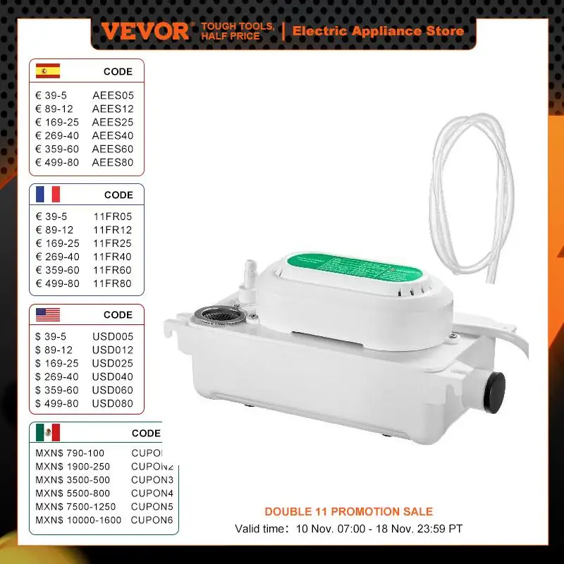 VEVOR Automatic Condensate Removal Pump 100L/H W/ 0.6L Tank Ice Machines Air Conditioning Ultra-Quiet Drainage Pump 2M Lift 110V