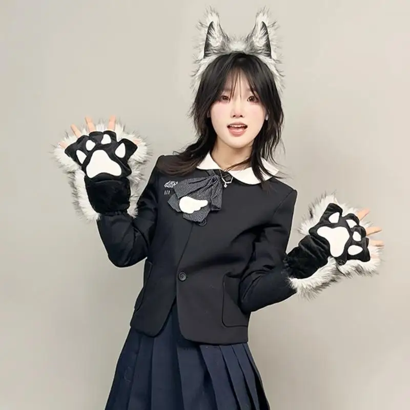 A52E Warme Pelzigen Wolf Cosplay Zubehör Mit Ohren Stirnband Und Fäustlinge Fantasy Cosplay Requisiten Für Winter Event – Detail 9