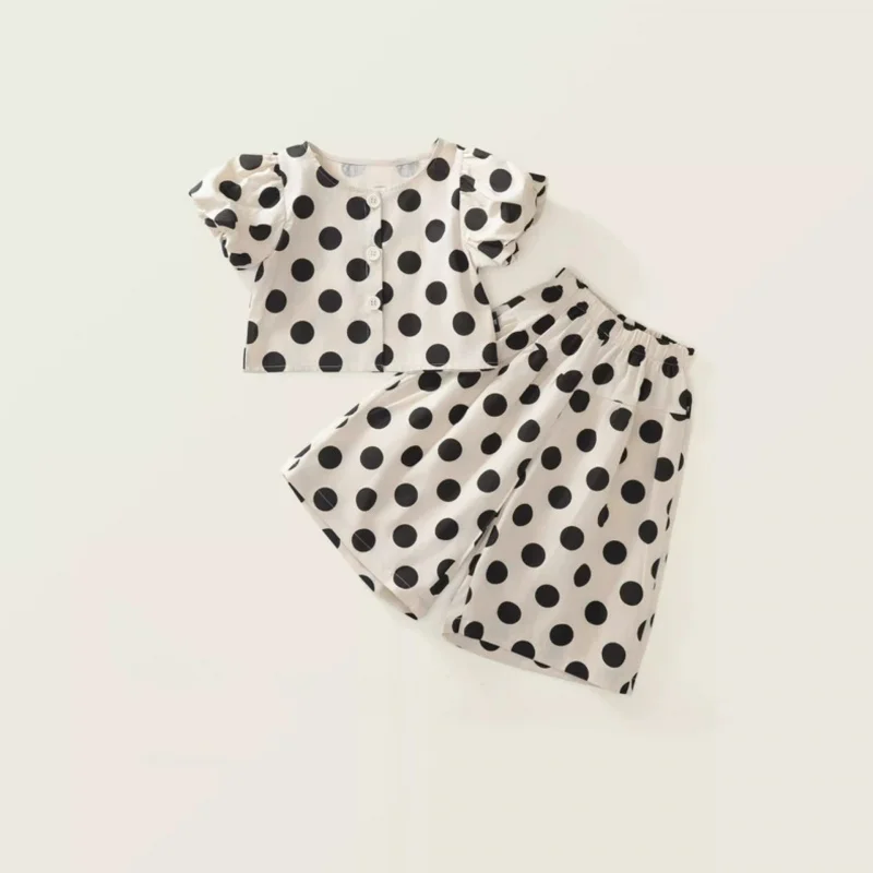 

Summer girls' polka dot outfit, stylish polka dot short-sleeve top and wide-leg pants, two-piece cotton set for baby girls