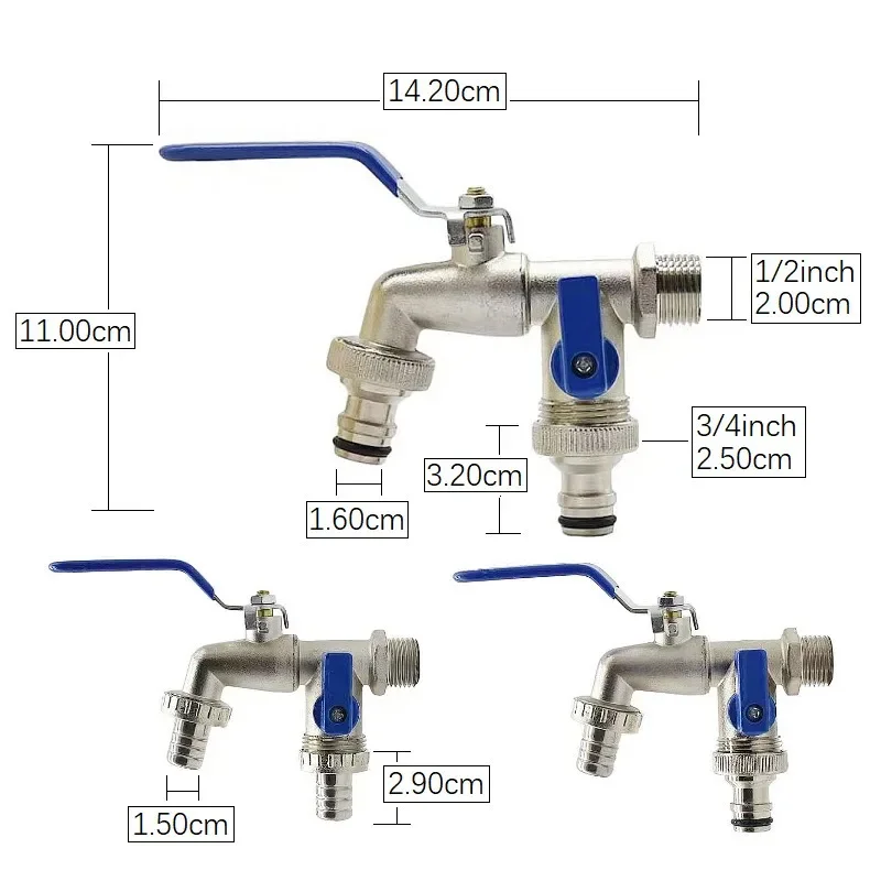 1/2'' 3/4'' Double Head Water Faucet Water Splitter Connector Coupling Adapter Valve Switch Garden Hose Irrigation Tap Joint