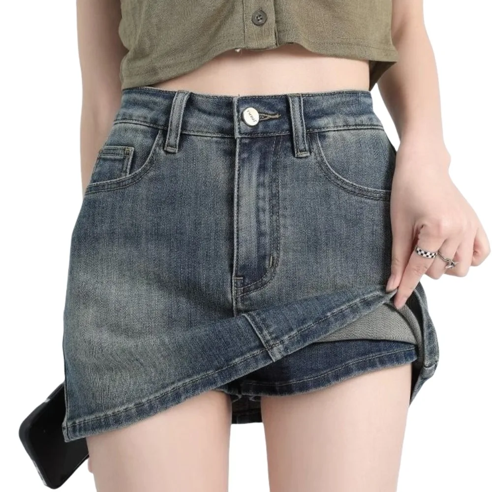 

Includes Shorts Pants High Waist a-line Skirt Two Pocket Wide Leg Denim Shorts Skirt Women High Waist Basic