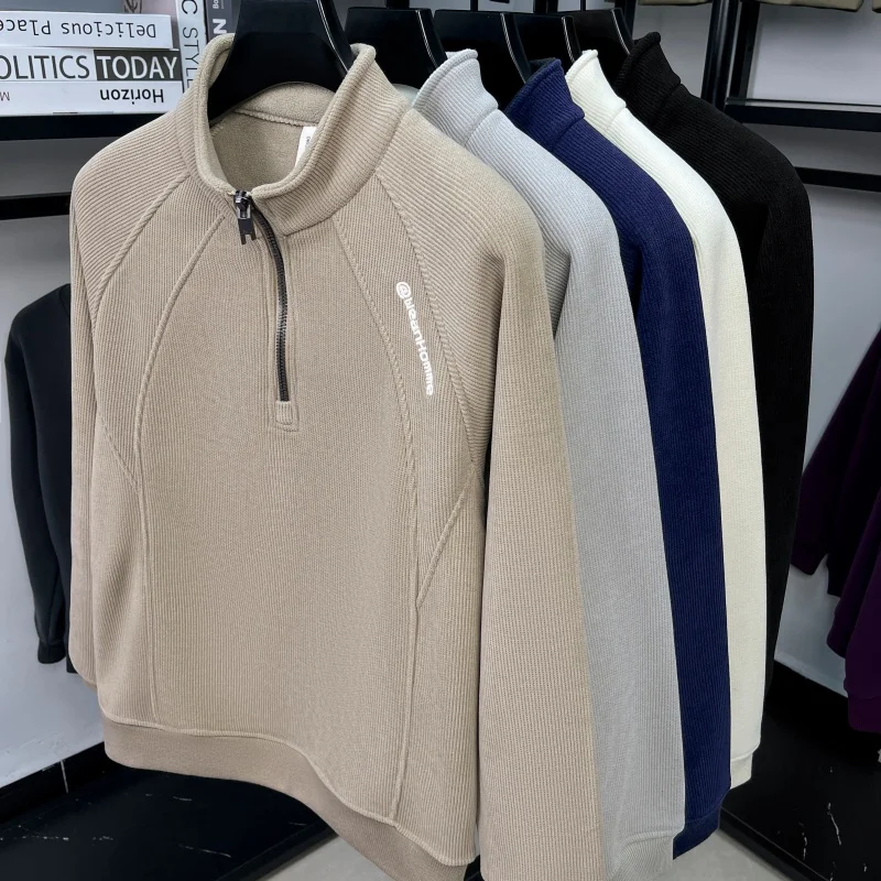 luxury men's new autumn high quality hoodie mock neck zipper lint thicken t-shirt leisure business men's clothing tops