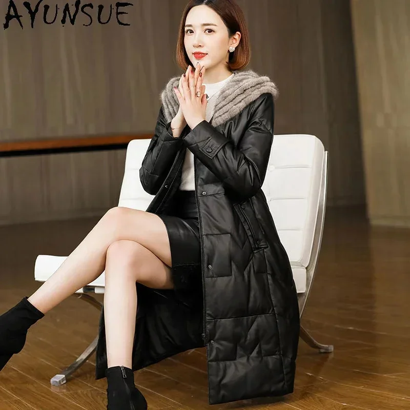 

Real AYUNSUE Leather Jacket Women Winter White Duck Down Coats Hooded Mink Fur Collar Genuine Sheepskin Coat Jaqueta Feminina