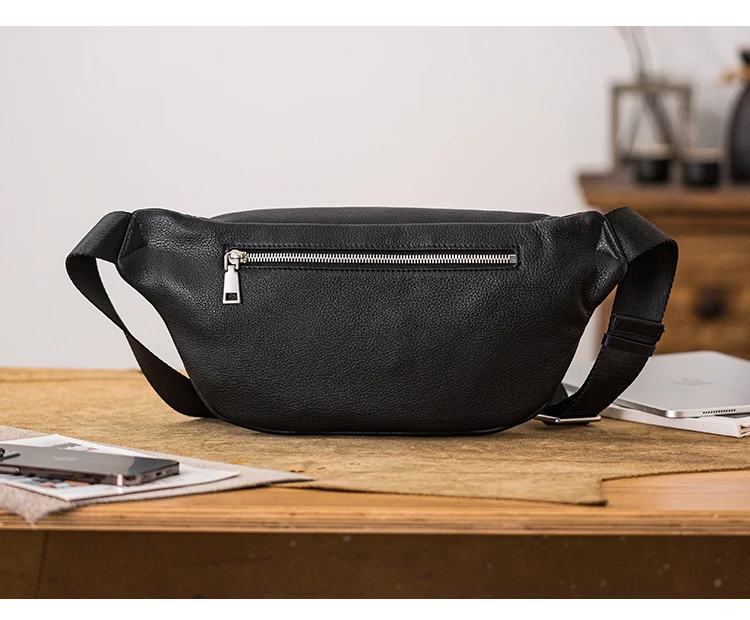 outdoor travel sports luxury first layer cowhide men's black multi-pocket chest bag casual genuine leather riding crossbody bag