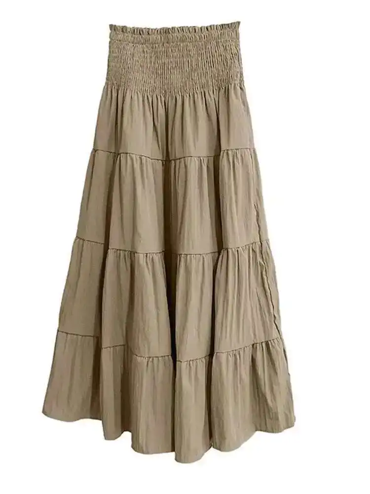 مرونة عالية الخصر الكاكي مطوي أنيقة ميدي ألف خط نصف الجسم تنورة المرأة موضة المد ربيع الخريف الجديد