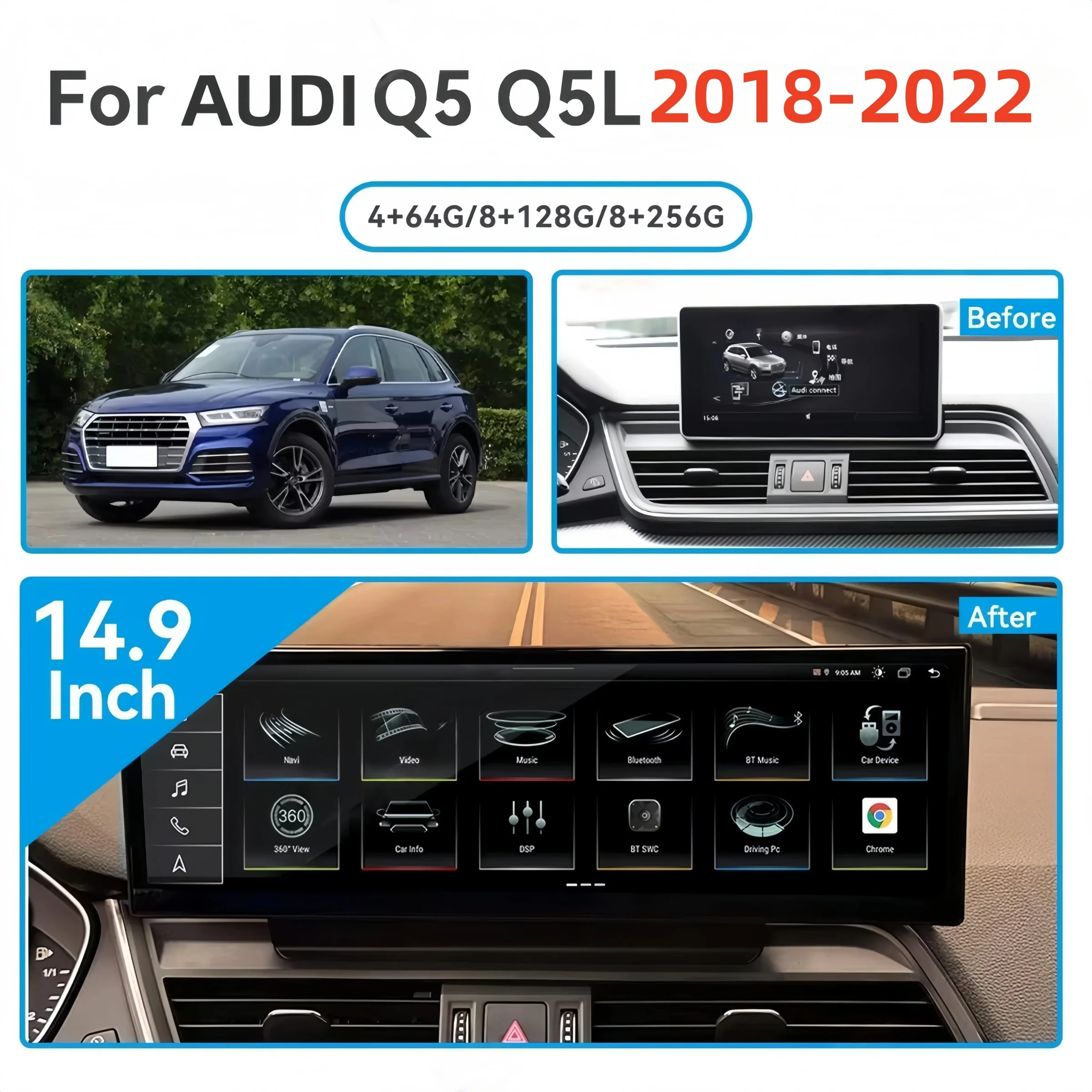 14.9inch Screen For Audi Q5 Q5L Sq5 2018-2022 Wireless CarPlay Android Autoradio Stereo Car GPS Multimedia Video Player HeadUnit