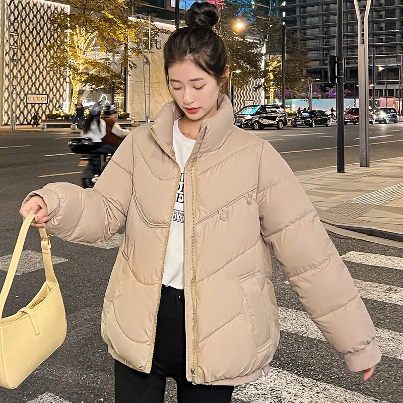 

CRRIFLZ Women Stand Collar Jacket Parka Solid Color Loose All Match Warm Cotton Coat For Fashion Autumn Winter Outwear