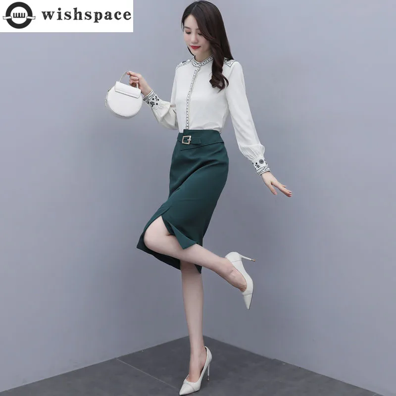 

2023 Korean Popular Spring New Vintage Printed Chiffon Shirt Slim Skirt Two-piece Elegant Women's Skirt Suit Office Outfits