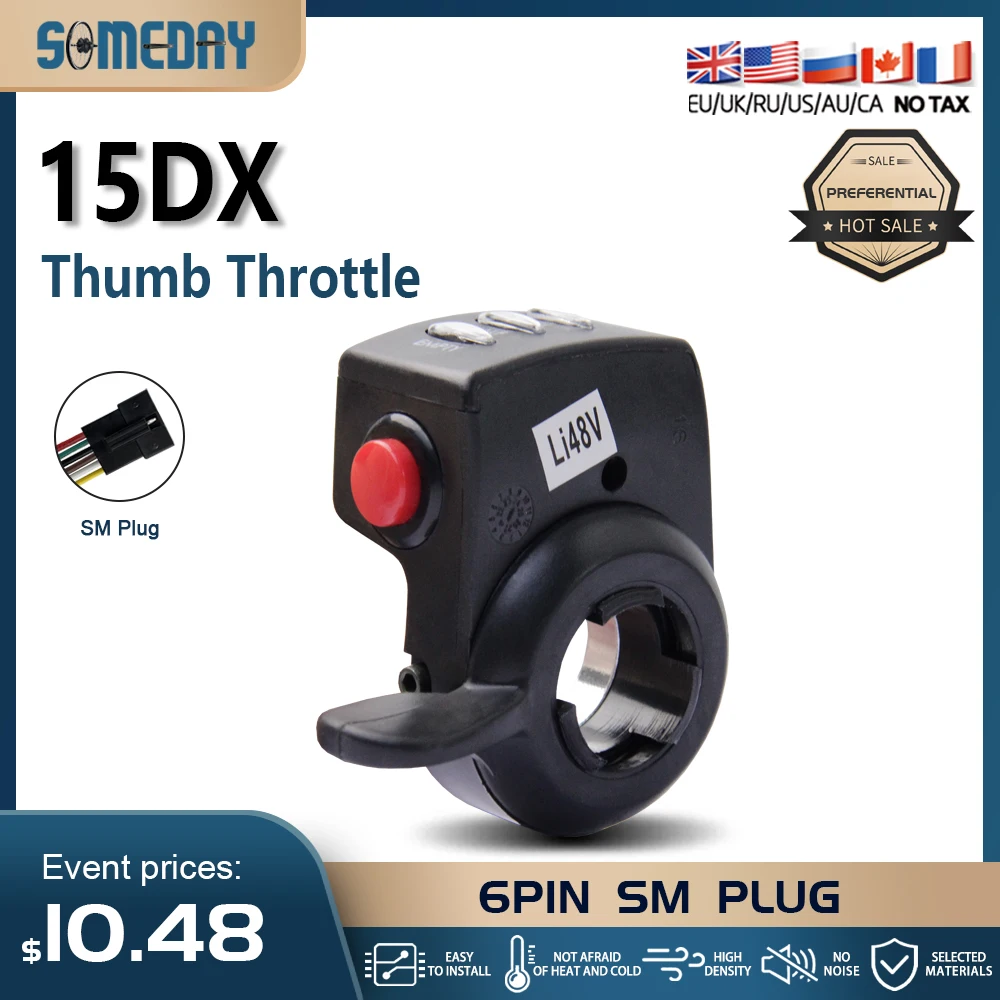 Electric Bike Thumb Throttle 15DX 36V 48V with 6 Pin SM Plug Power Switch Compatible with Ebike Scooter