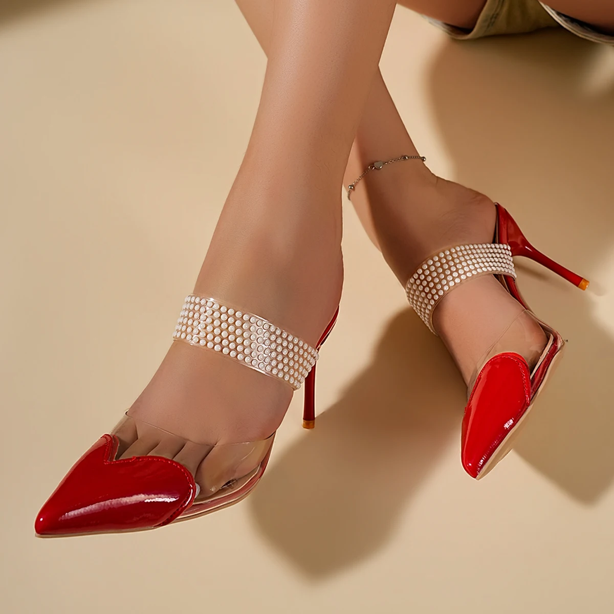 Women Pointed Toe High Heels Mules Sandals Decor Heart Detail Sexy Party Dress Shoes Wedding 2026 Summer Fashion Elegant Sandals - view 6