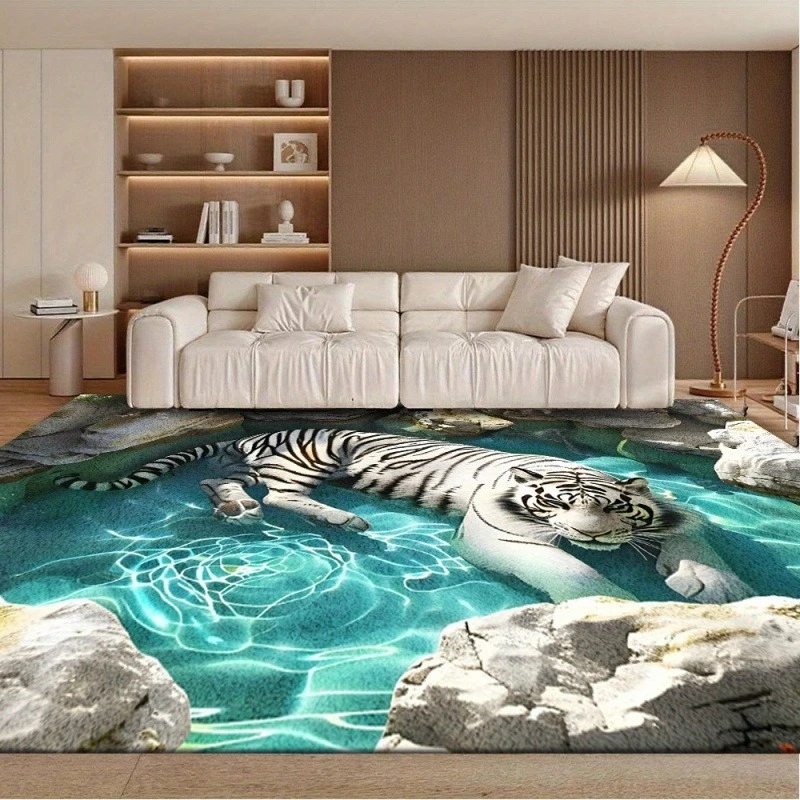 White Tiger Clear Turquoise Pool Rocky Stone Print Large Area Rug Soft Flannel Non Slip Floor Carpet for Living Room Home Decor