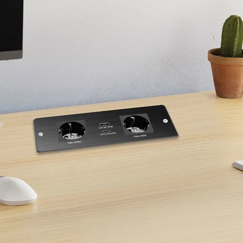 Recessed Installation EU Type Aluminum Alloy Plug with Socket Surge Protector Power Strip 65W USB-C Charger 2 AC Outlets