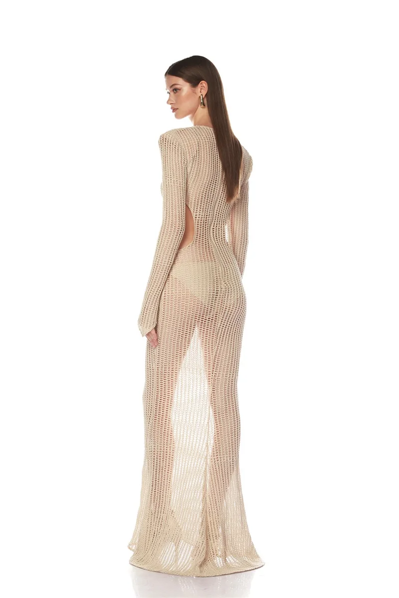Beige Crystals Prom Dress Sexy V Neck Full Sleeves Hollow Long Mermaid Party Gown Beach Holiday Formal Wedding Birthday Robe