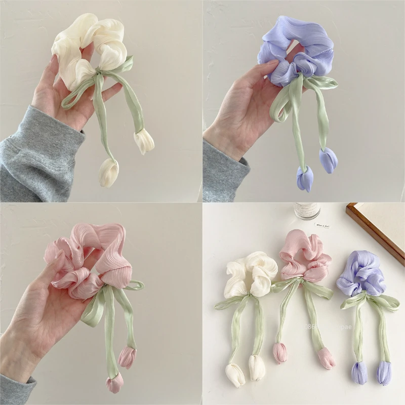 

Sweet Tulip Flowers Ribbons Hair Scrunchies for Girls Fairy Bowknot Streamers Hair Ribbons Women Fashion Hair Accessories 2025