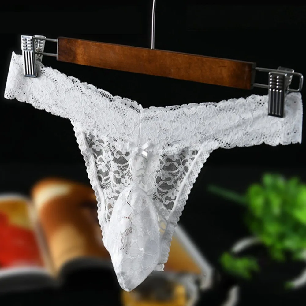 Men\'s Sexy Bikini Thong Sissy Lace Sheer G-String Briefs Breathable Comfortable Large Size Gays Panties Male Imitates Underwear