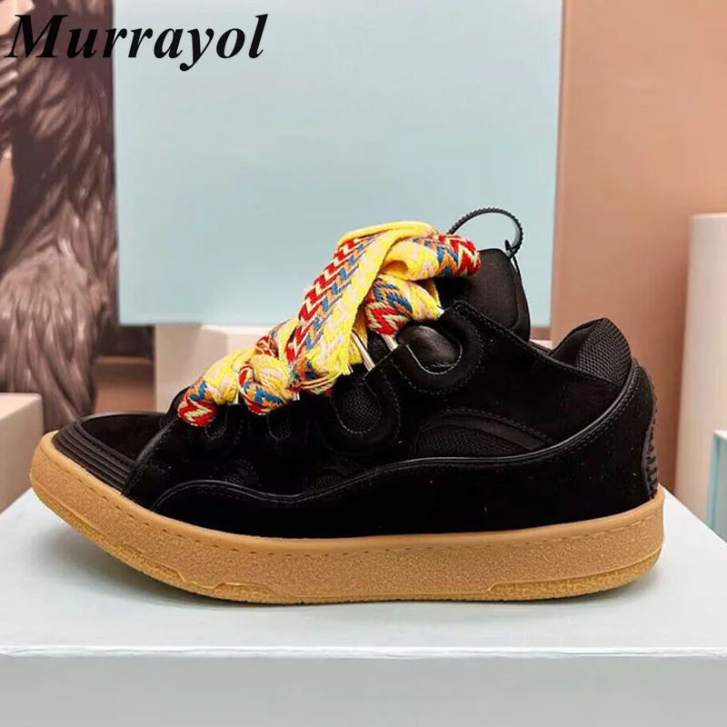 

Thick Bottom Mixed Color Splicing Casual Shoes Big Shoelace Design Breathable Flat Walking Shoes Four Seasons Sneakers Unisex