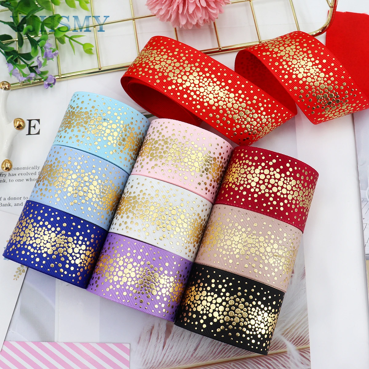 Polka Dot Gold Foil Grosgrain Ribbon for Gift Wrapping for Crafts, Hair Bows Making, Flower Bouquets and DIY Sewing Decoration