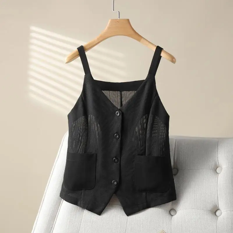 

Net Yarn Camis Summer Office Lady Simplicity Buttons Solid Color Cardigan Tailored Coat Ladies Fashion All-match Pocket Top Tee