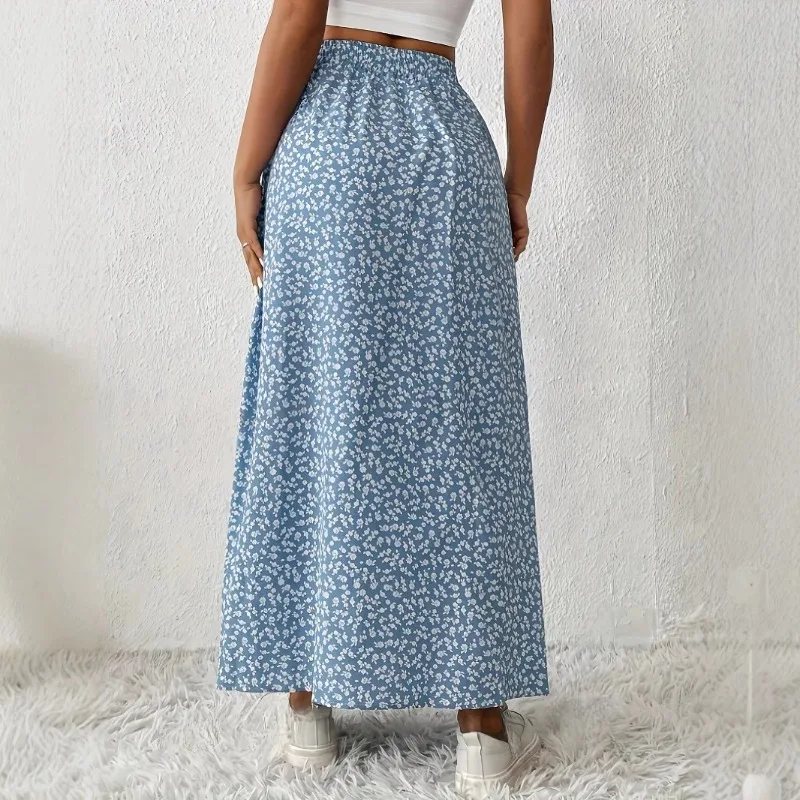 2026 Floral Print Side Slit Skirt Women Casual Beach Vacation Summer New