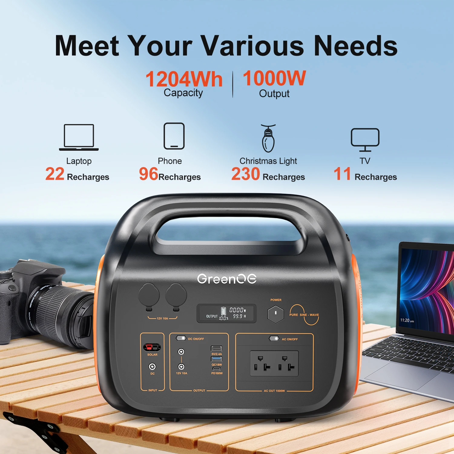 

1000W 1024Wh Portable Power Station USB-C Camping Power Bank for Outdoors Solar Generator with LED 11 Ports Travel Home