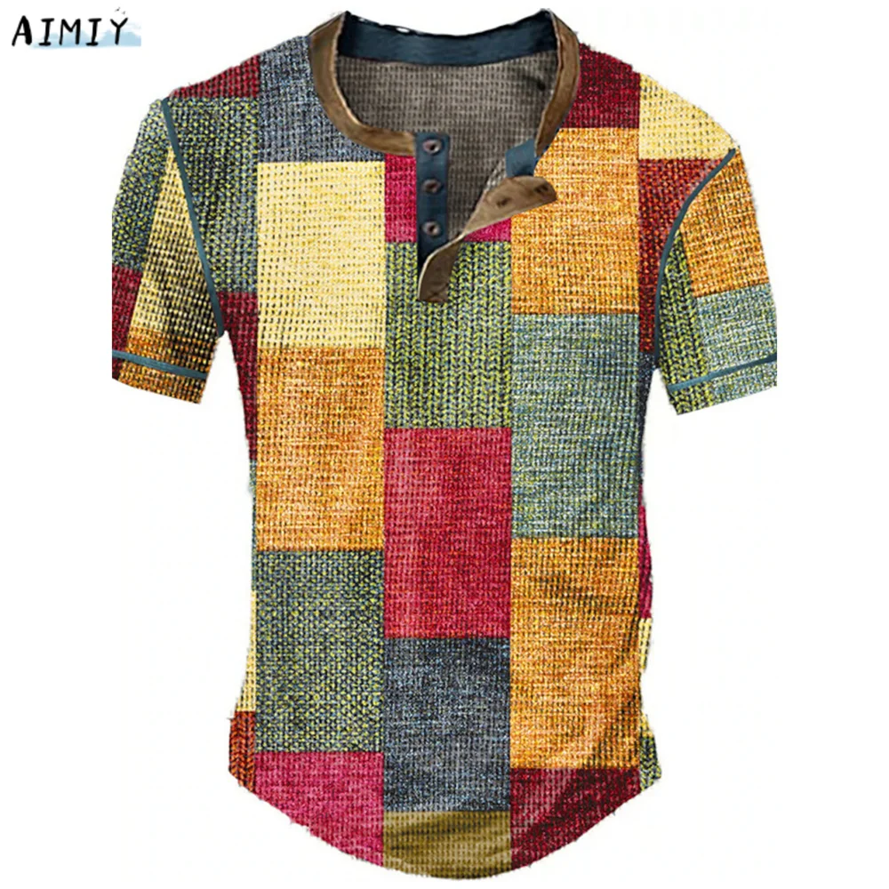 Men's Waffle Henley Oversize T-shirts Man Shirt Graphic Plaid Color Block Clothing Apparel 3D Print Short Sleeve Button Fashion