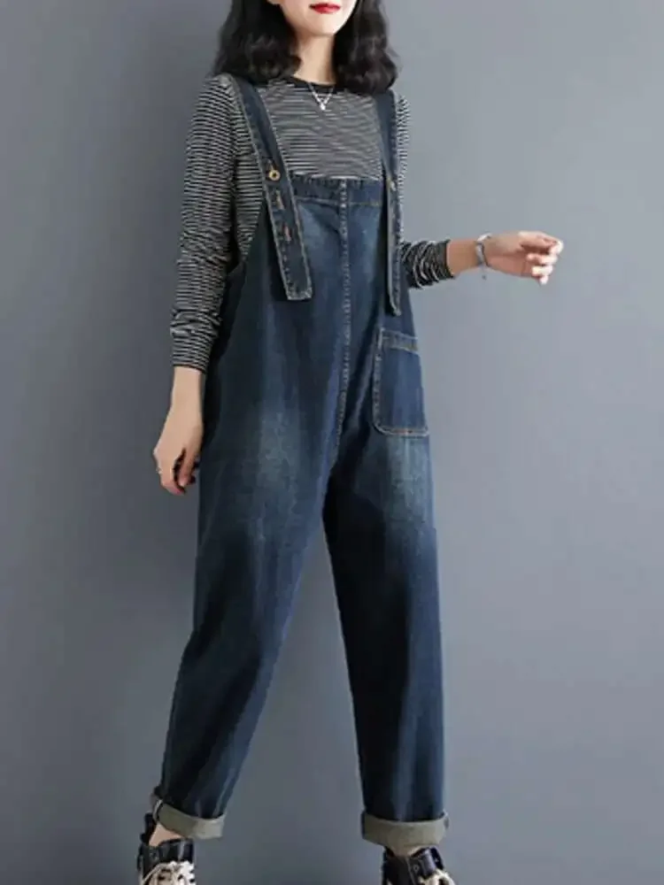 #1427 Blue Straight Denim Jumpsuits Women Ankle-legnth Streetwear Denim Overalls Female Loose Ladies Rompers Jumpsuits Spring