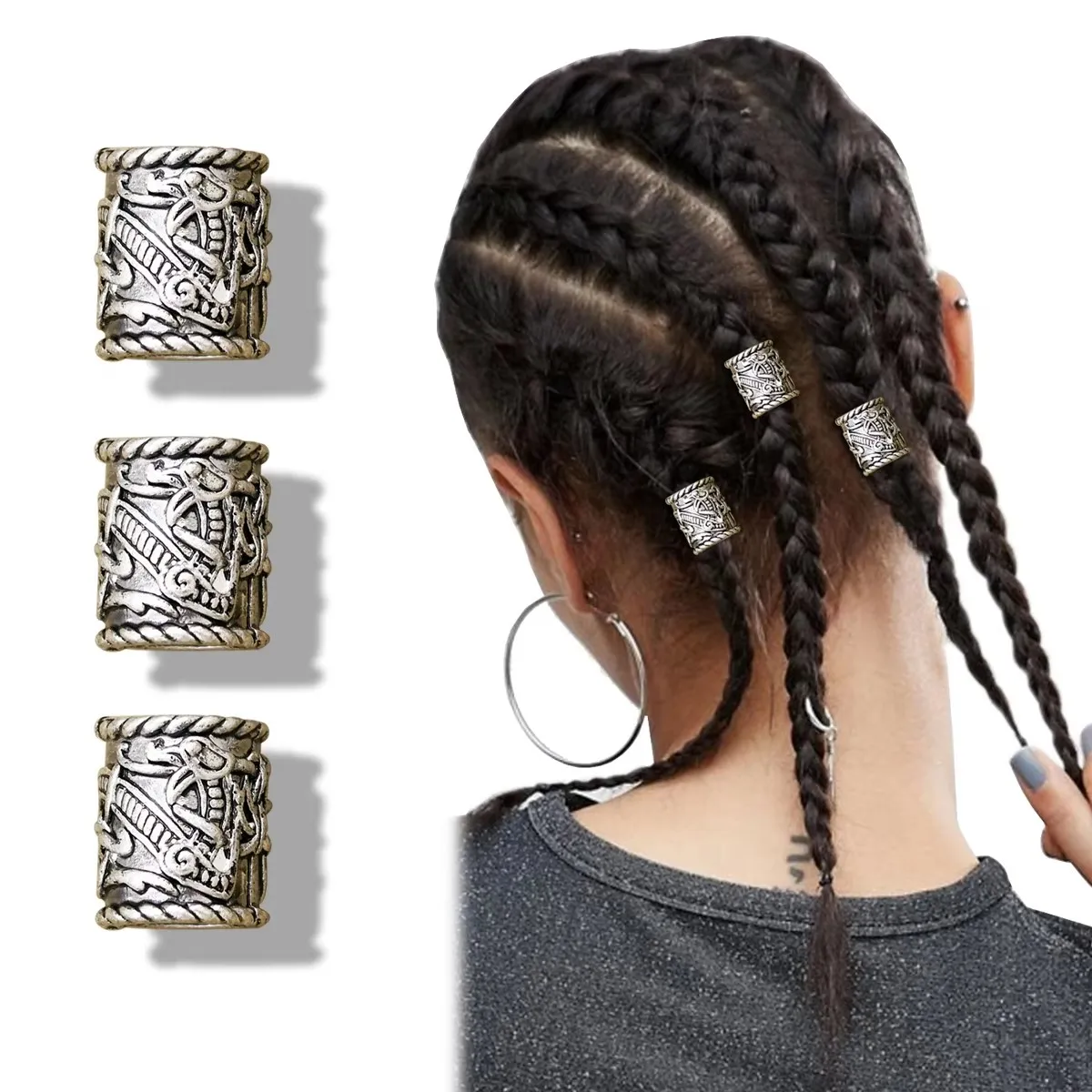 3x agujero de pirata vikingo nórdico, cuentas para Barba, anillo para rastas, trenza de pelo, tubos de Metal, Pin de Clip, joyería Dwarven, accesorios para diadema
