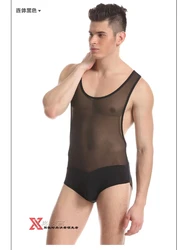Ropa interior sexy personalizada para hombre, chaleco de malla de una pieza, ropa interior transparente negra