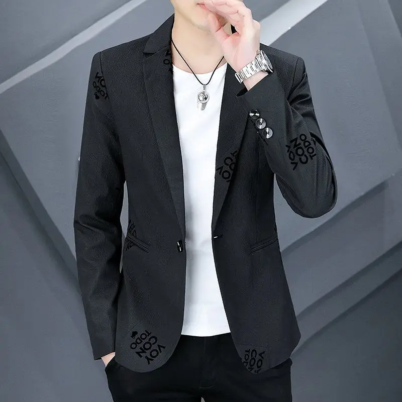 2-A38 Casual, Handsome, Spring Personalized Printed Korean Style Slim Suit Teenage Men's Small Suit Trendy Men's Clothing