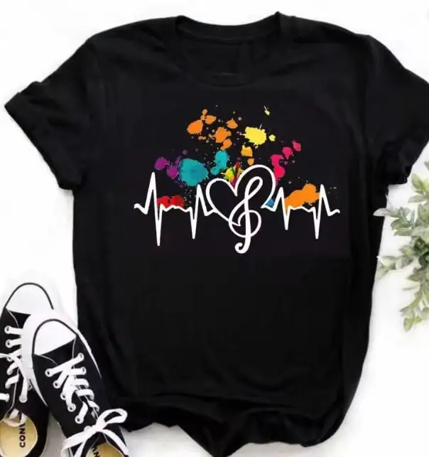 2026 Fashion New Arrival Color Paint Splash Print Womens White Crew Neck Short Sleeve T Shirt Treble Clef Heartbeat Graphic Casual Music Lover Tee Basic Top T Shirt