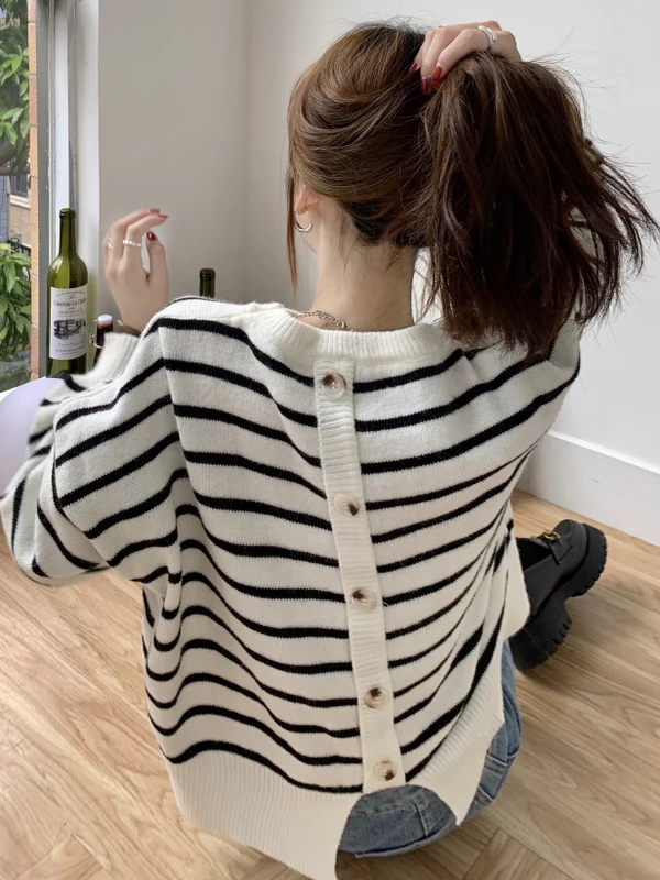 

Asymmetric Stripe Knitwear Spring Autumn Loose Long Sve Women's Top Ba Split Vintage Sle Cotton Blend Warmth