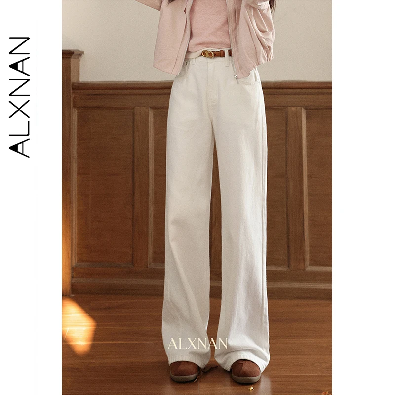 

ALXNAN Women White 100% Cotton Denim High-waist Wide-leg Straight Loose Baggy Jeans Elegant Casual Office Female Trousers L53017